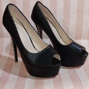 Black Textured Peep-Toe Platform Heels